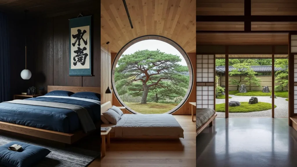 Dormitorio japonés zen y armonioso con cama de madera, ventana circular con pino y jardín de rocas sereno.
