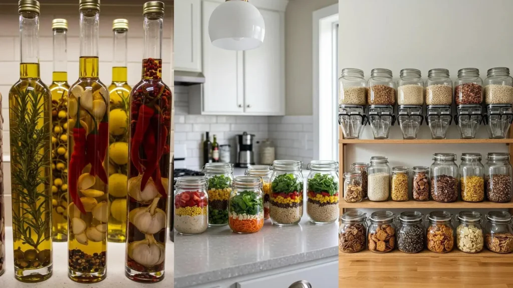 Cocina organizada con frascos de vidrio. Aceites infusionados, ensaladas en capas y dispensadores de alimentos secos en estantes.