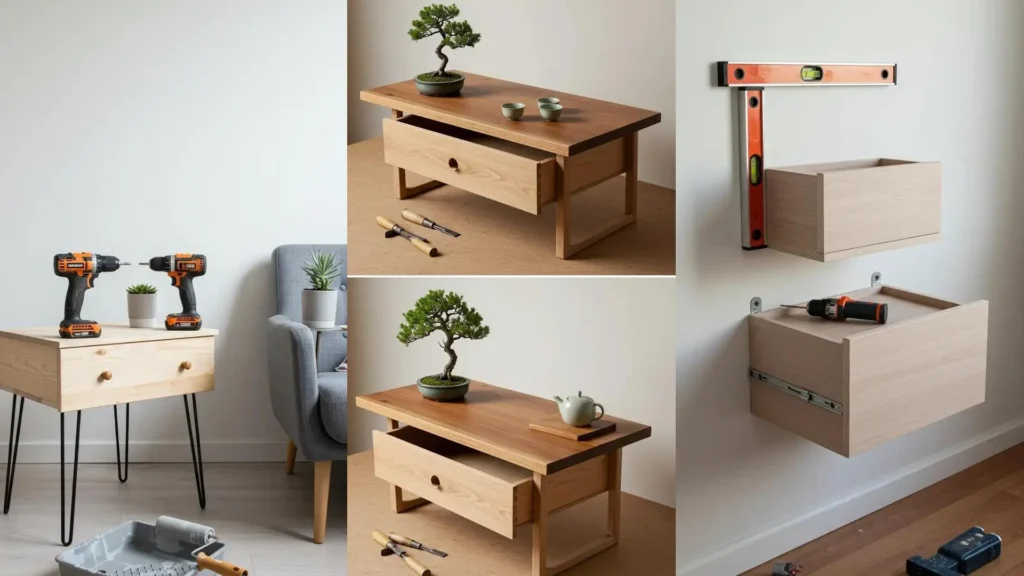 Ideas creativas de bricolaje para reutilizar cajones viejos como mesas auxiliares con estilo, incluyendo mesas flotantes.