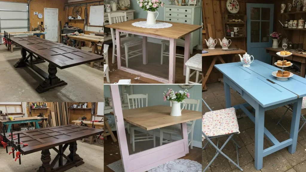 Transformación de puertas viejas en elegantes mesas de comedor DIY, con varios diseños en casa y taller.