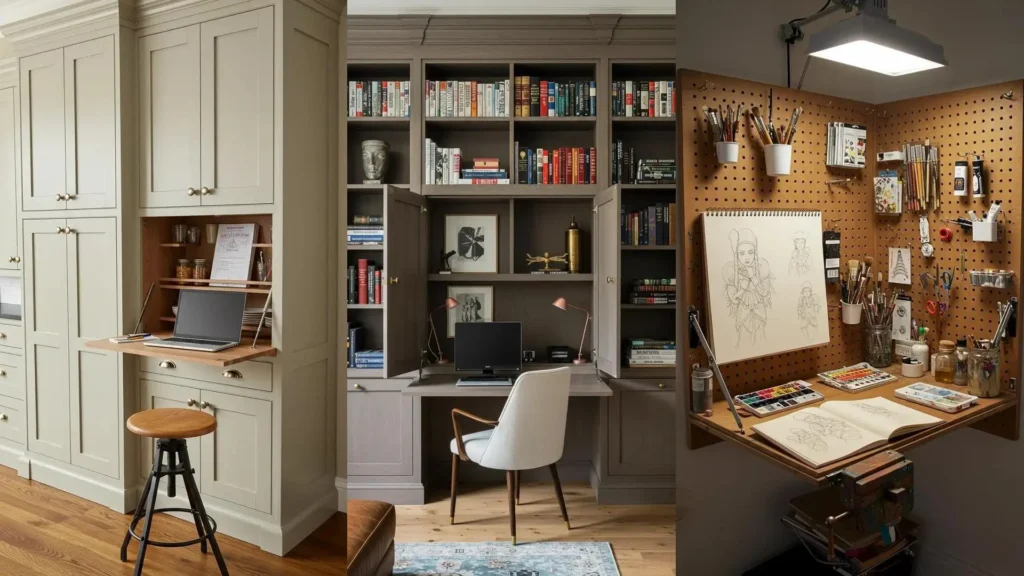 Tres ideas de escritorios plegables y compactos integrados en muebles y paredes para optimizar el espacio en departamentos pequeños.