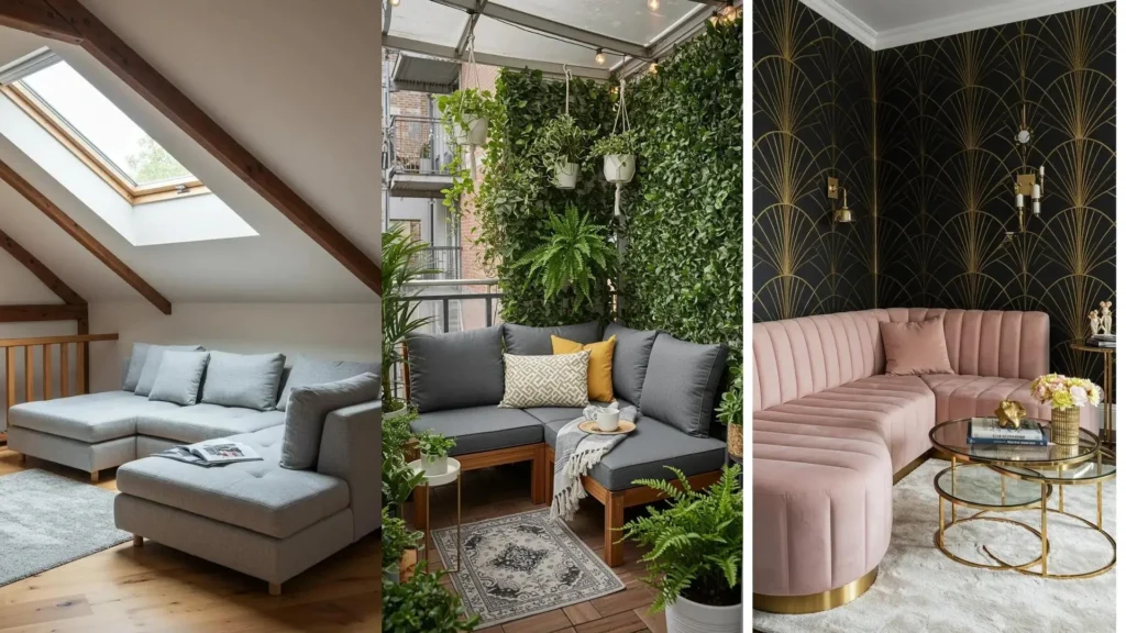 Sofás seccionales pequeños en 3 diseños: moderno ático, balcón verde y sala art déco, optimizando espacios.