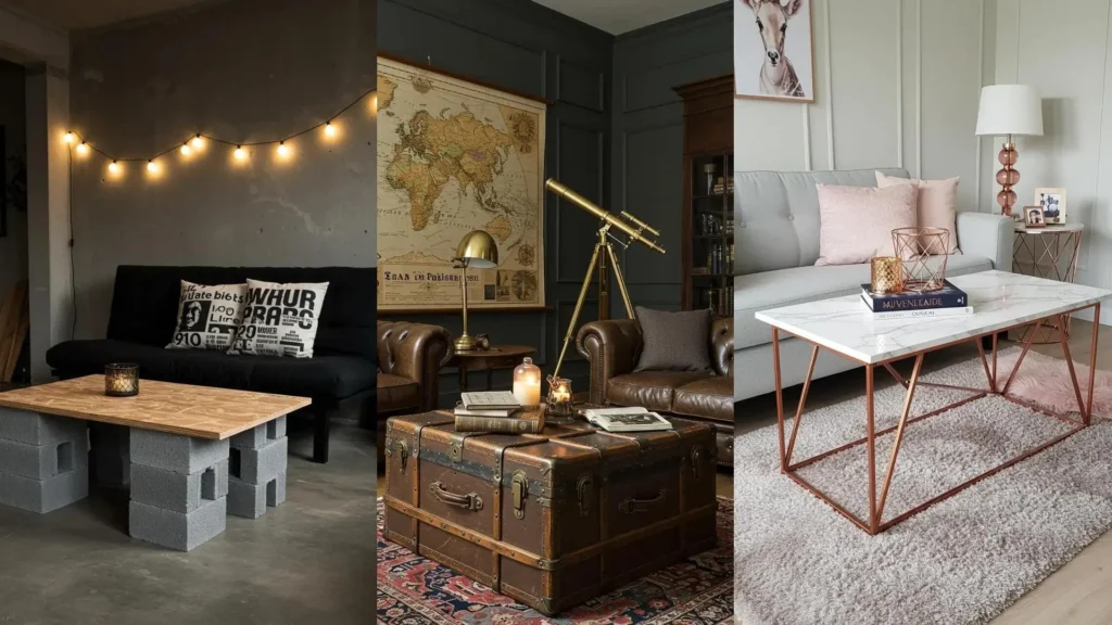 Varias mesas de centro DIY protagonistas de sala: con bloques de cemento, baúl vintage y estilo mármol y cobre.