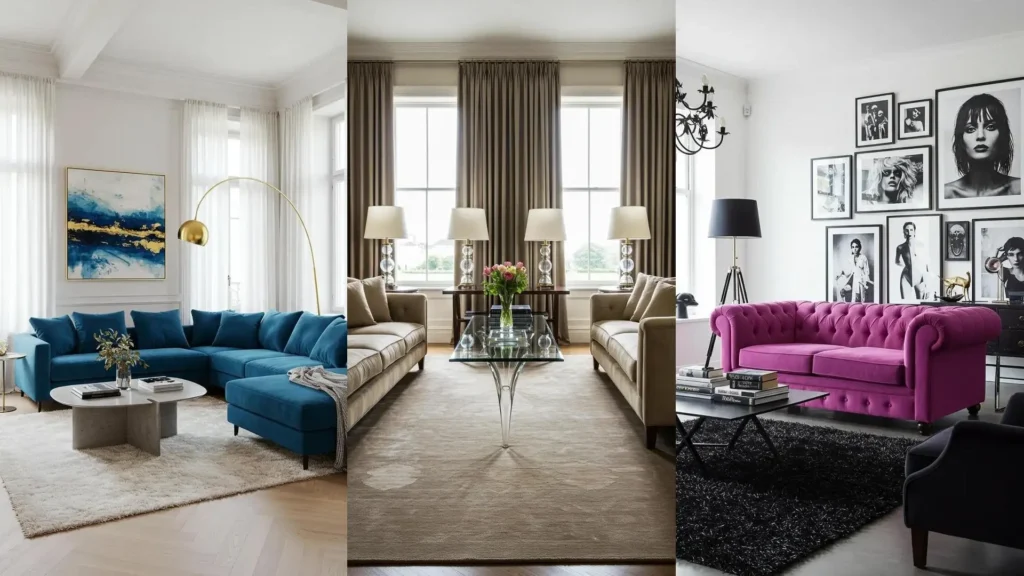Salas de estar con sofás de terciopelo azul, fucsia y beige, destacando decoración lujosa y texturas variadas.