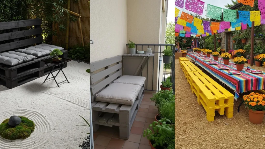 Jardines DIY con bancos de palets creativos y mesas plegables, perfectos para decorar exteriores y celebrar eventos.