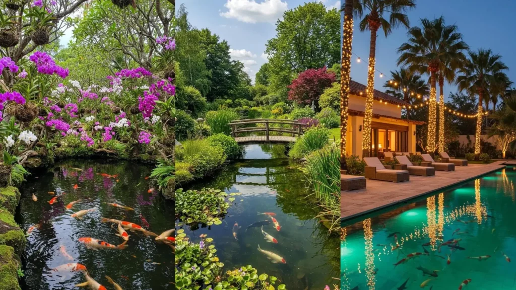 Jardines tropicales con estanques serenos y peces koi, palmeras iluminadas y orquídeas, perfectos para tu oasis exterior.