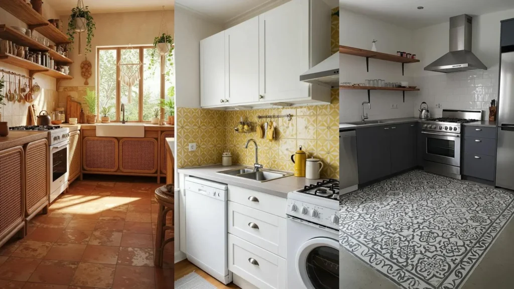 Azulejos hidráulicos coloridos animan la cocina: un backsplash amarillo vibrante y un suelo con diseño elegante.