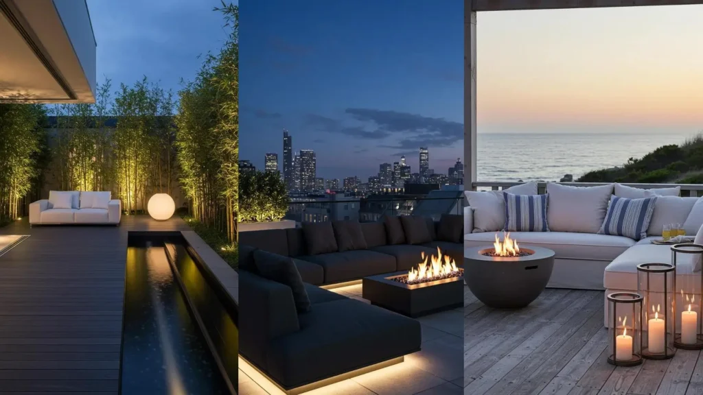 Patios chill out ambientados con sofás bajos y cálida iluminación nocturna. Perfectos para relajarse al aire libre.