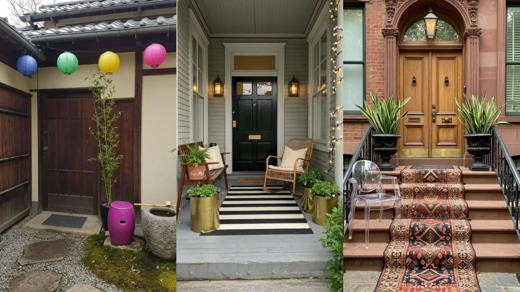 Tres porches con estilo ecléctico: una mezcla de colores en faroles, estampado rayado en alfombra y textura en madera y mimbre.