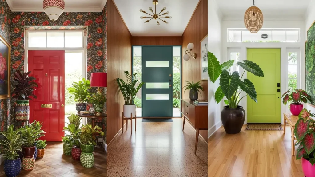 Recibidores llenos de vida con puertas de colores (rojo, verde, turquesa) y macetas vibrantes. Ideas de decoración.