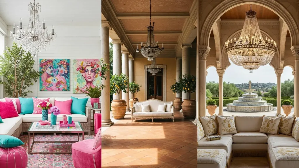 Glamorosos rincones con lámparas de cristal, sofás blancos impecables y decoración elegante para exteriores.