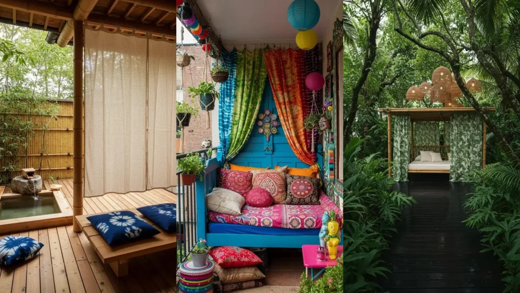 Varias zonas chill-out exteriores con camas balinesas, cojines y cortinas de telas ligeras para relajarse.