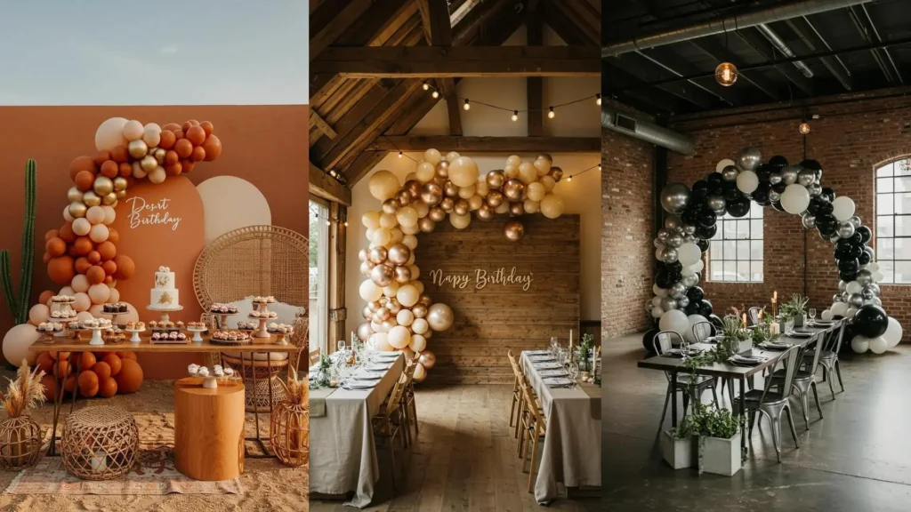 Tres arcos de globos metálicos modernos en diferentes escenarios de cumpleaños: desierto, rústico y estilo industrial.