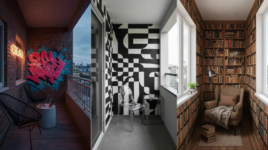 Balcones artísticos con vibrantes murales pintados a mano: graffiti urbano, patrones geométricos y un acogedor rincón de lectura temático.
