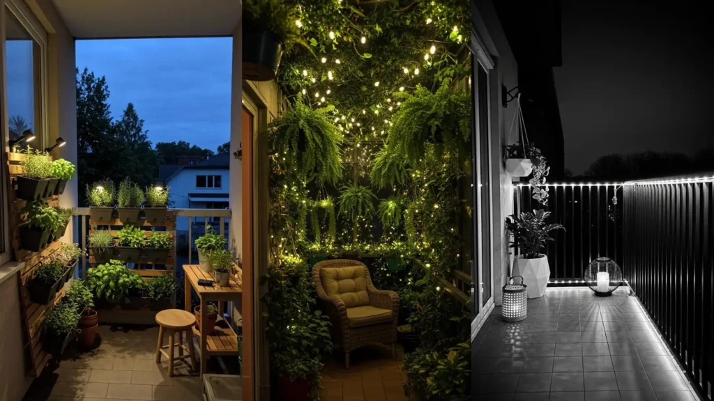 Balcones iluminados con luces solares cálidas y plantas colgantes vibrantes, transformando espacios exteriores en oasis relajantes.