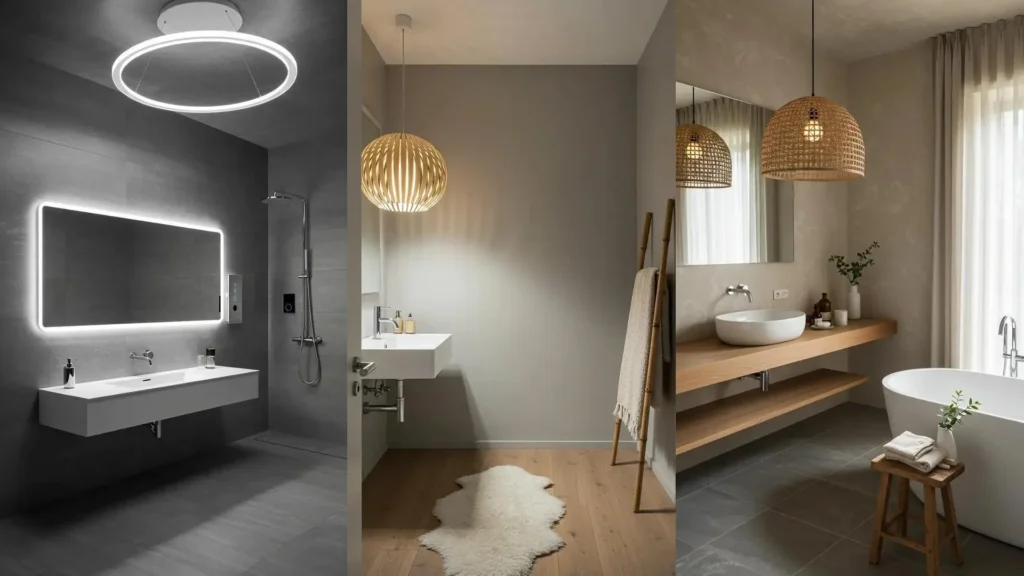 Tres baños modernos con lámparas colgantes únicas: una circular LED, una de madera y una de mimbre, realzando cada espacio.