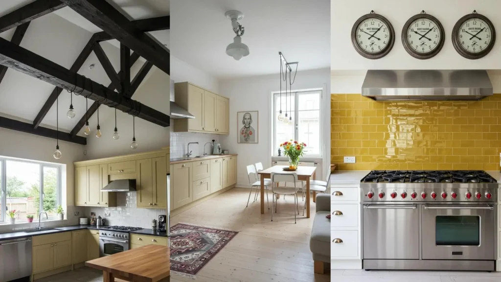 Cocinas color mostaza con detalles industriales inesperados: azulejos vibrantes, vigas expuestas y lámparas colgantes.