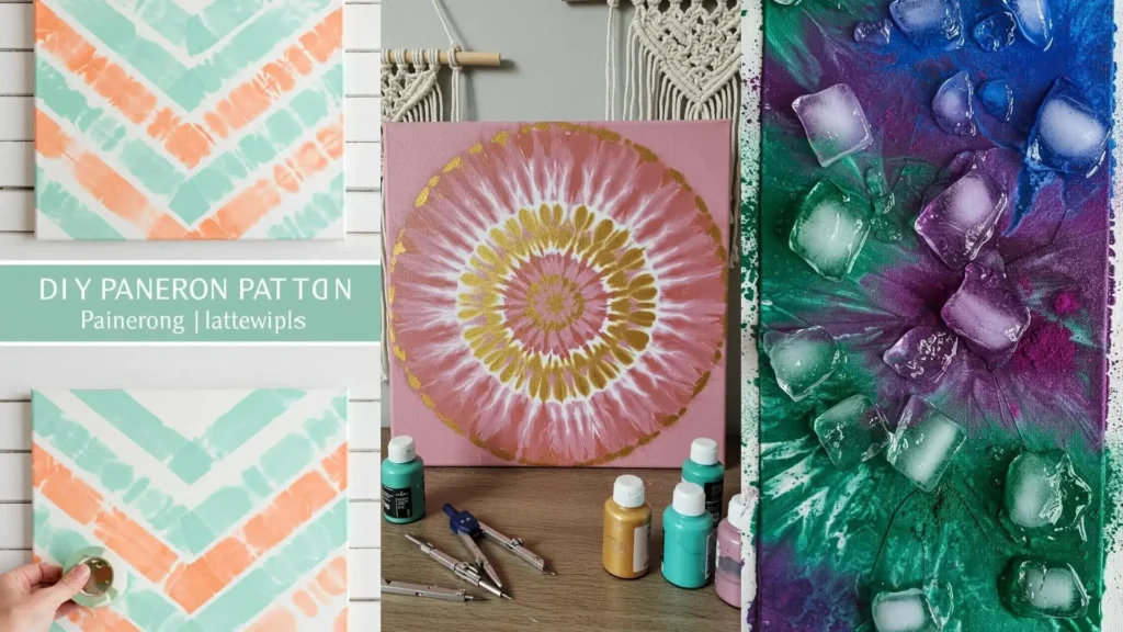 Tres cuadros DIY con efecto tie-dye en lienzos, mostrando patrones chevron, espiral y hielo derretido en colores vibrantes.