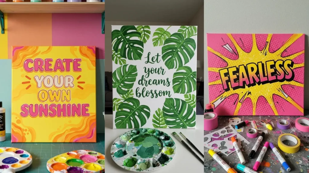 Cuadros DIY pintados a mano con frases motivadoras: 'Create Your Own Sunshine', 'Let Your Dreams Blossom' y 'Fearless'.