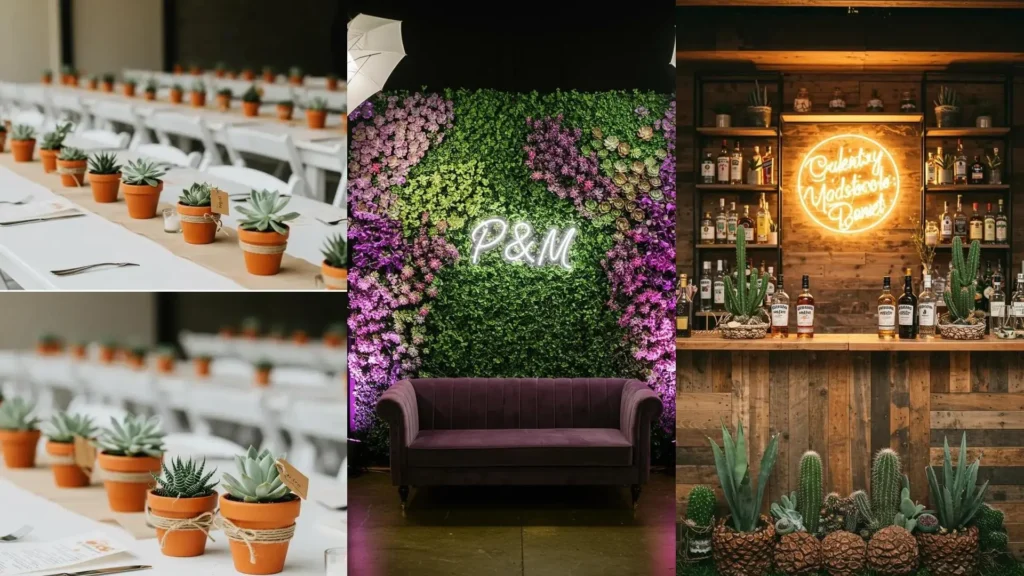Decoraciones de bodas modernas con cactus y suculentas: centros de mesa, fondo de fotos y barra rústica.