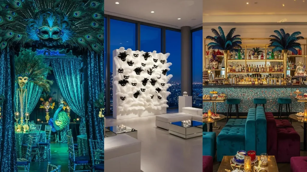 Decoraciones de carnaval lujosas con máscaras venecianas, plumas vibrantes y elementos dorados en ambientes festivos.