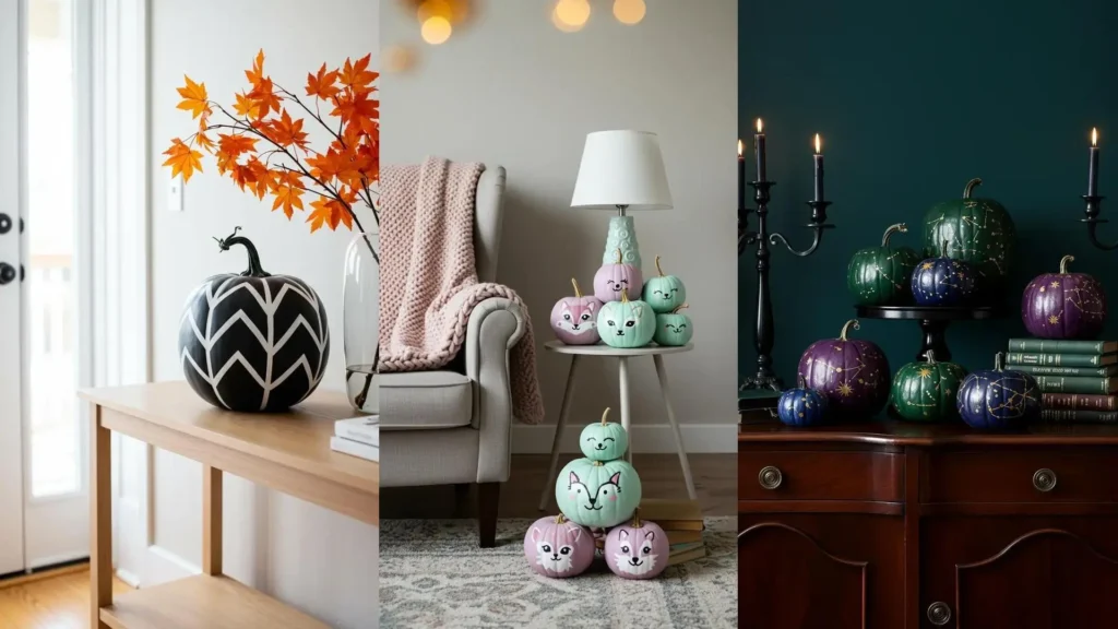 Decoraciones otoñales con calabazas pintadas a mano: diseños geométricos, animales y constelaciones.