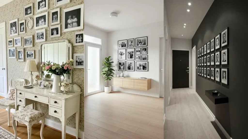 Tres entradas con estilo con diversas galerías de fotos familiares en blanco y negro, decoradas de forma personalizada.