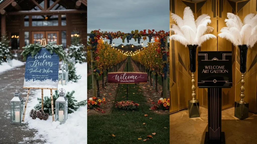 Estaciones de bienvenida de boda con carteles de madera pintada, decoradas con elementos naturales y luces cálidas.