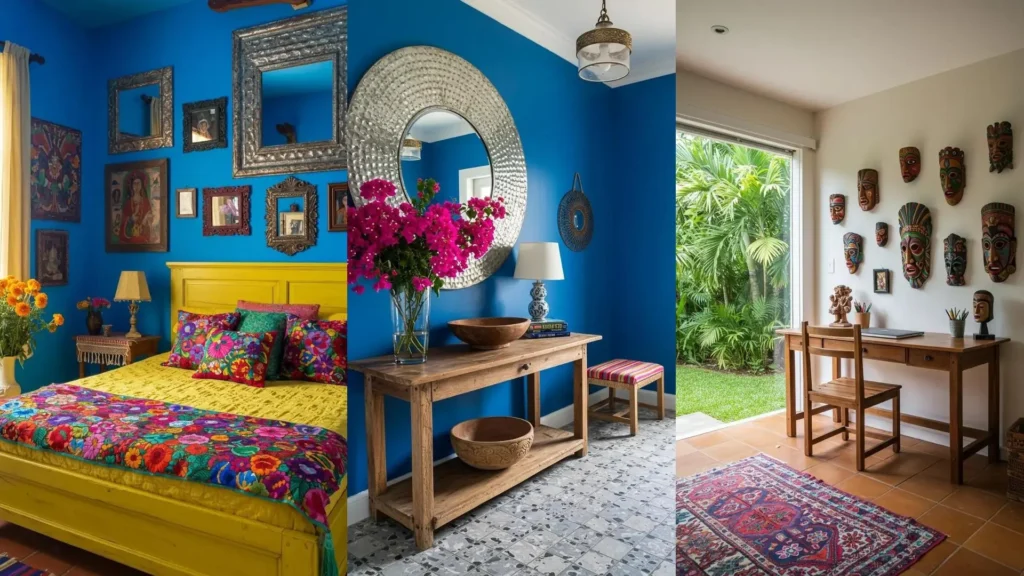 Estilos boho étnicos con vibrantes toques latinoamericanos. Cama amarilla, cuadros, espejos y máscaras decorativas.