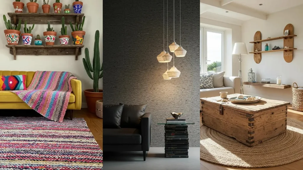 Ideas de decoración de salas con estilo eco y materiales reciclados: baúl, estantes de madera, textiles coloridos y plantas.