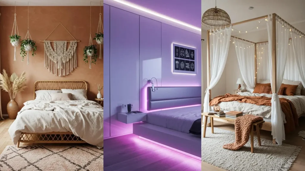 Habitaciones nórdicas femeninas modernas para chicas. Incluye dormitorio boho chic, diseño minimalista con LED y cama con dosel romántica.