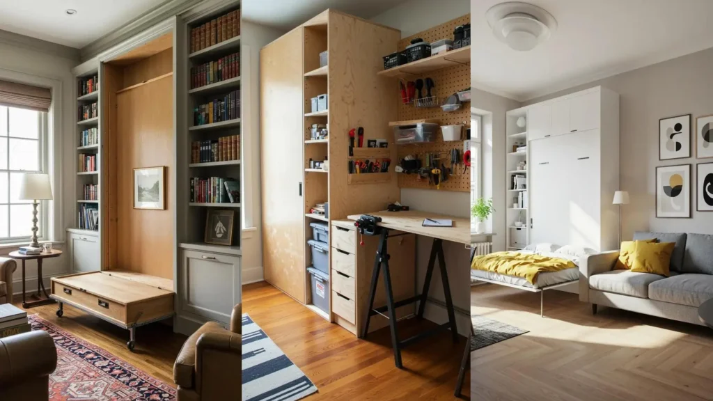 Una cama abatible moderna y minimalista desplegada en una sala de estar con un sofá y estanterías, optimizando el espacio.