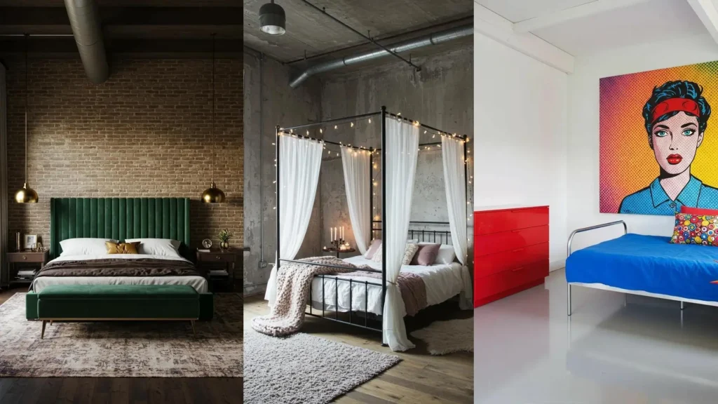 Colección de dormitorios estilo loft neoyorquino con paredes de ladrillo y concreto, ofreciendo un look urbano moderno.