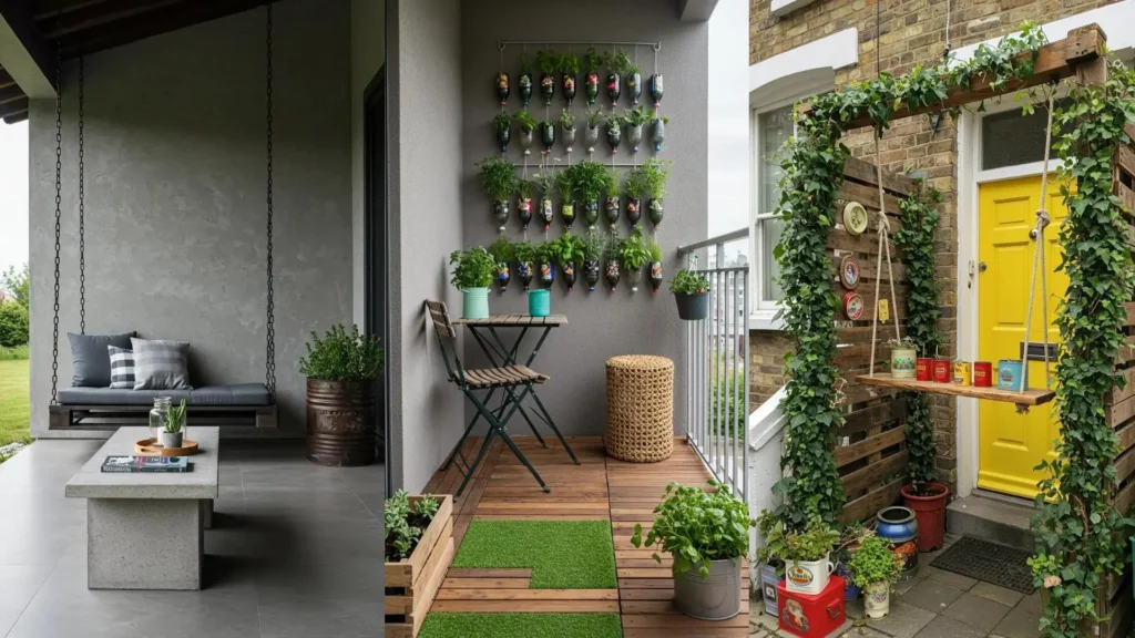 Porches y balcones con ideas DIY: swing de palets y cuerdas, jardín vertical de botellas, decoración con objetos reutilizados.