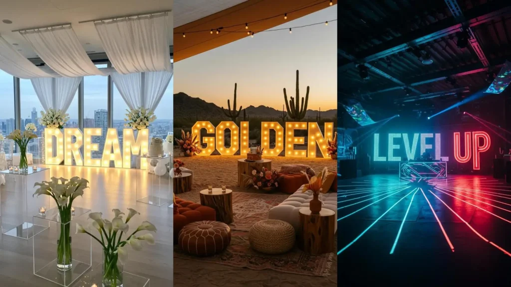 Decoración de cumpleaños modernos con letras luminosas gigantes. Se ven palabras como DREAM, GOLDEN y LEVEL UP en diferentes escenarios.