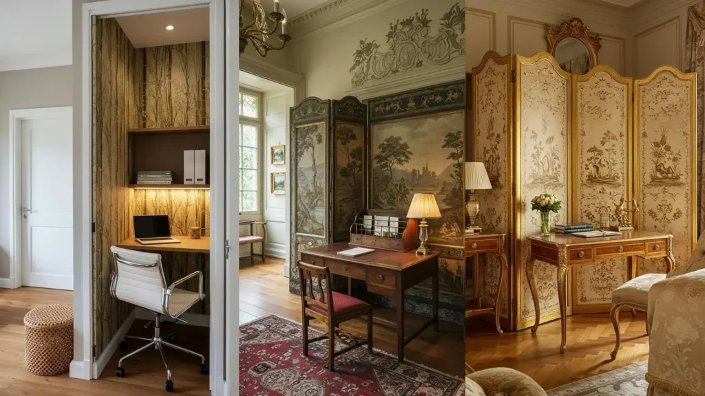 Oficina elegante oculta por un biombo decorado con motivos orientales. Inspiración para home office creativo y estiloso.