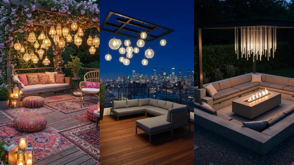 Patios elegantes con variedad de lámparas colgantes de cristal, desde bohemias hasta modernas, para ideas de decoración exterior.