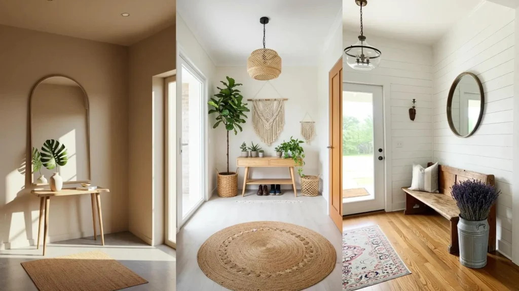 Tres recibidores en tonos tierra con plantas y detalles naturales que transmiten calma y frescura. Decoración orgánica.