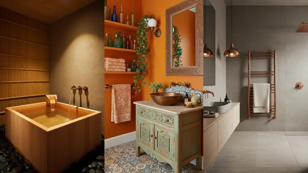 Inspiración para baños con cobre y texturas cálidas: lavabo de cobre, bañera de madera y toallero rústico.