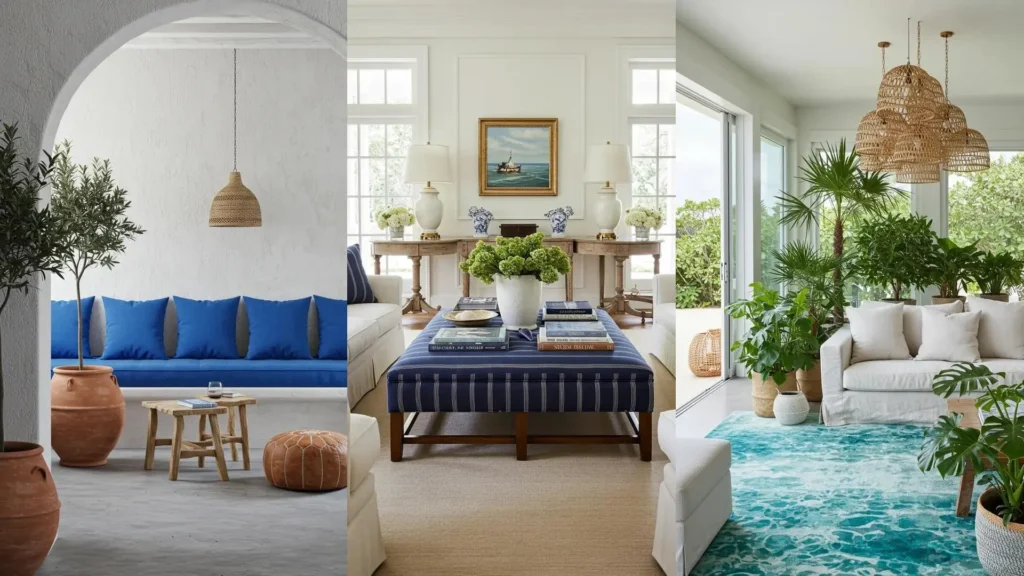 Salas de estar estilo costero con paleta azul, blanca, y texturas naturales. Sofás, mesas de madera, plantas y mimbre.