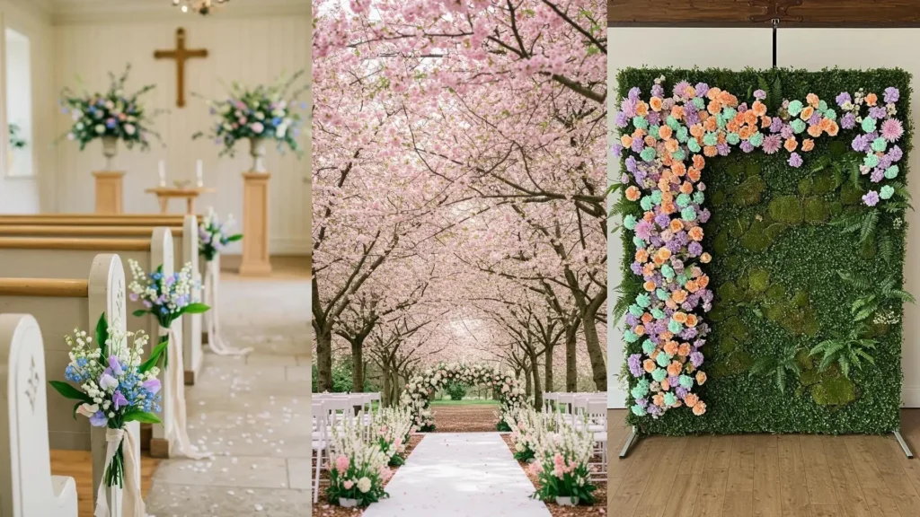 Hermosos arreglos florales en tonos pastel para bodas primaverales, incluyendo decoración de iglesia y exteriores.
