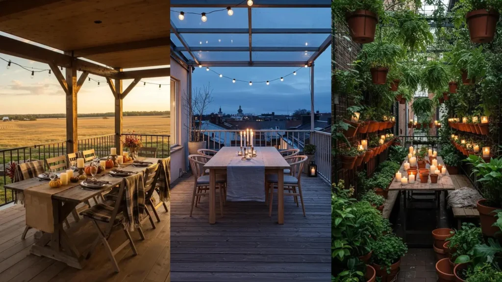 Balcones con mesas largas y velas, perfectos para cenas al aire libre.