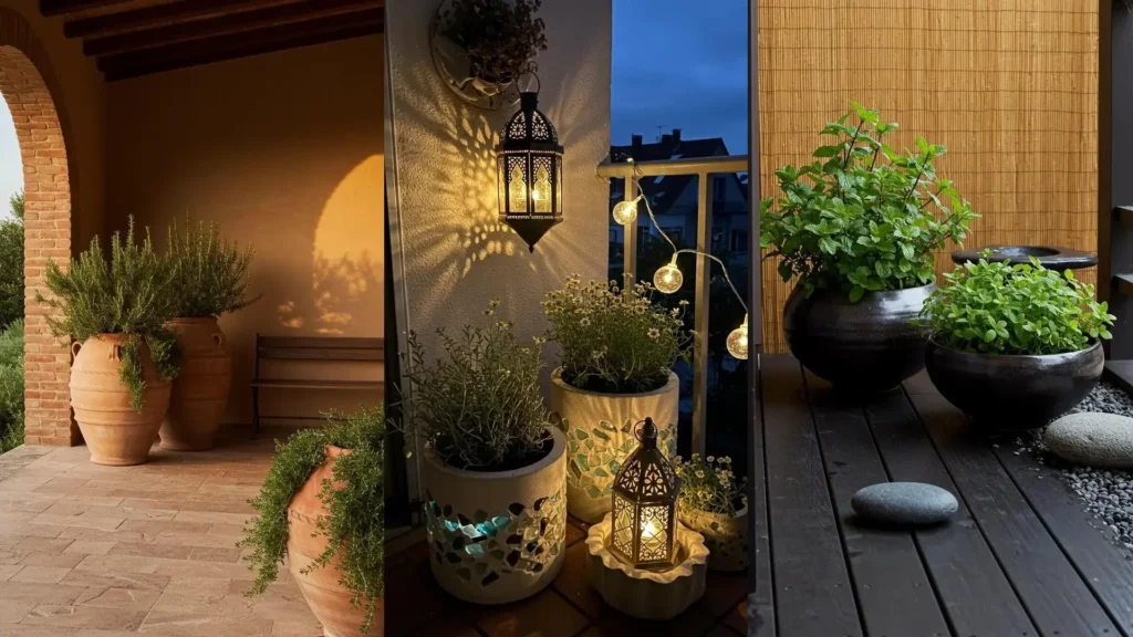 Balcones rebosantes de plantas aromáticas en jardineras DIY con iluminación cálida, creando ambientes únicos.