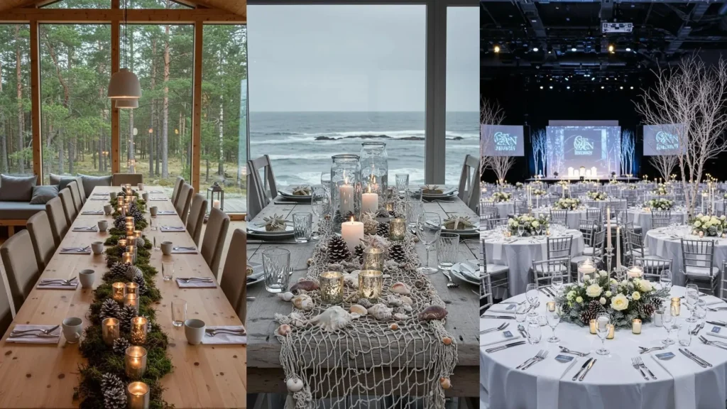 Centros de mesa festivos con piñas nevadas, velas plateadas y flores blancas para una decoración elegante.