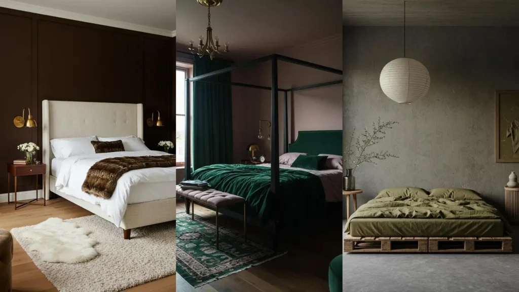 Tres acogedores dormitorios con combinaciones de colores tierra: marrón, verde esmeralda y verde oliva, creando ambientes cálidos.