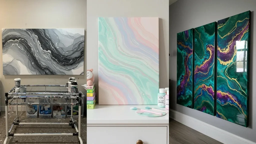 Tres cuadros DIY de pintura fluida con efecto mármol en tonos grises, pastel y vibrantes de verde, morado y dorado.