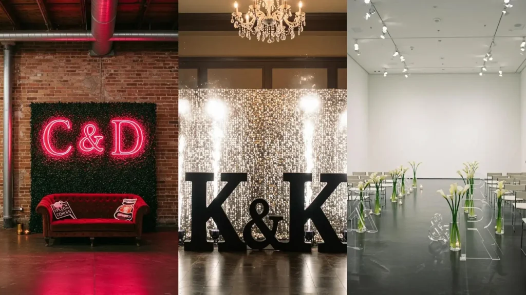 Inspiradoras decoraciones de boda con iniciales gigantes de los novios, incluyendo letras de neón, madera y acrílico.