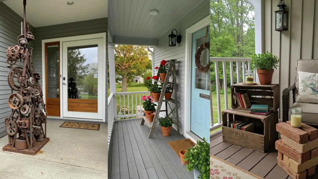 Ideas creativas para porches con decoración DIY: escalera de jardín con flores y cajas de madera recicladas.