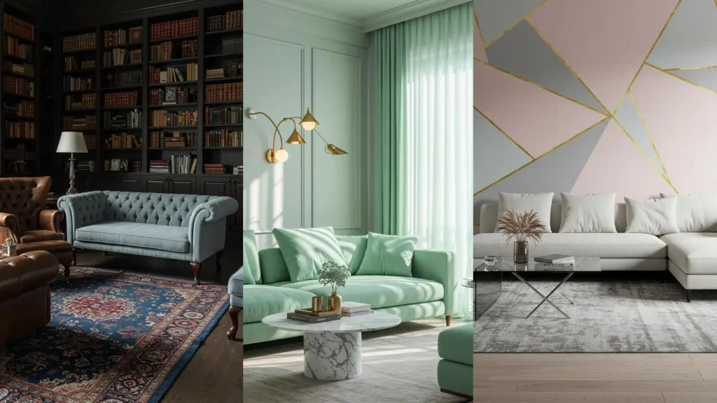 Salas elegantes con decoración en tonos pastel: sofás verde menta y una pared geométrica rosa y gris, estilo adulto.