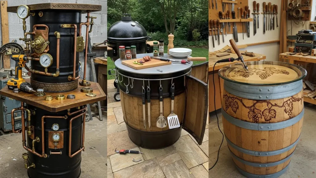 Creativas mesas rústicas hechas de barriles: una steampunk, una parrilla exterior y otra con diseño de vid tallado.